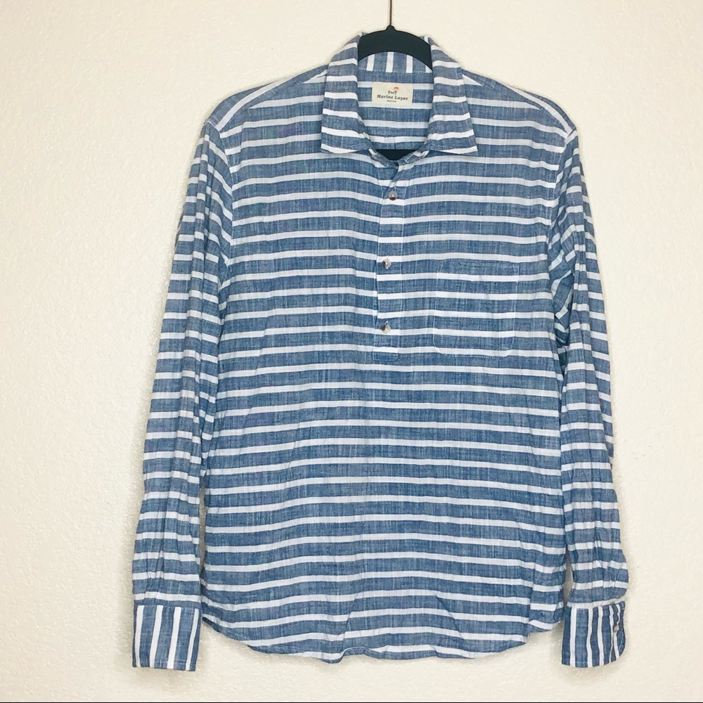 Marine Layer Causal Shirt Medium Cotton Blue White Stripes Half Button Down
